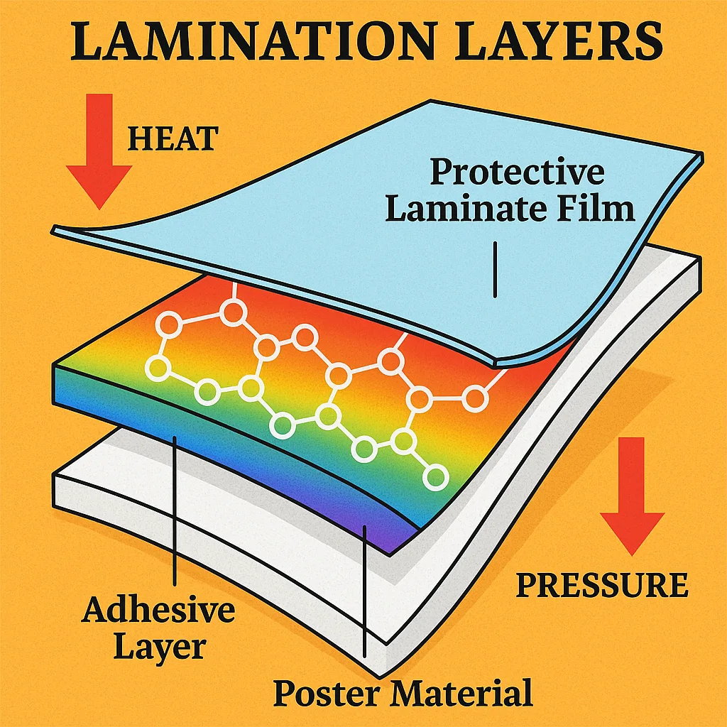 A close-up technical illustration the cross-section of lamination layers in a scientific diagram style. Display three distinct layers: the poster material, adhesive layer (shown molecular bonds),