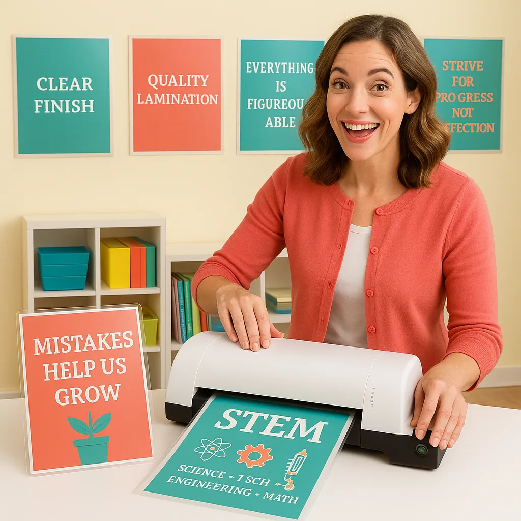 A bright, classroom setting a teacher demonstrating lamination techniques on colorful educational posters. The scene shows a laminating machine in action posters growth mindset messages and STEM