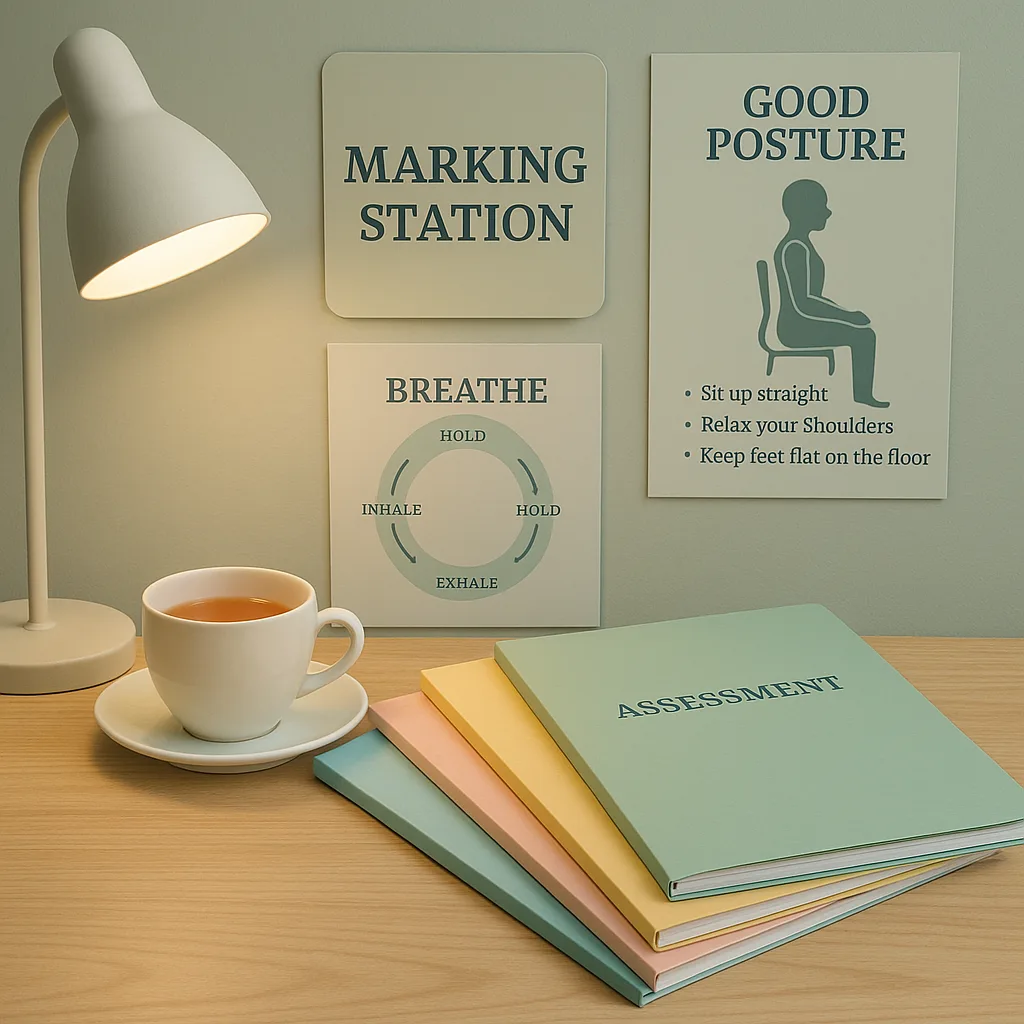 Close-up view of a beautifully organized marking station desk color-coded assessment folders, a cup of tea, soft desk lamp, and calming visual posters in the background breathing exercises and Organized marking station with calming visual elements