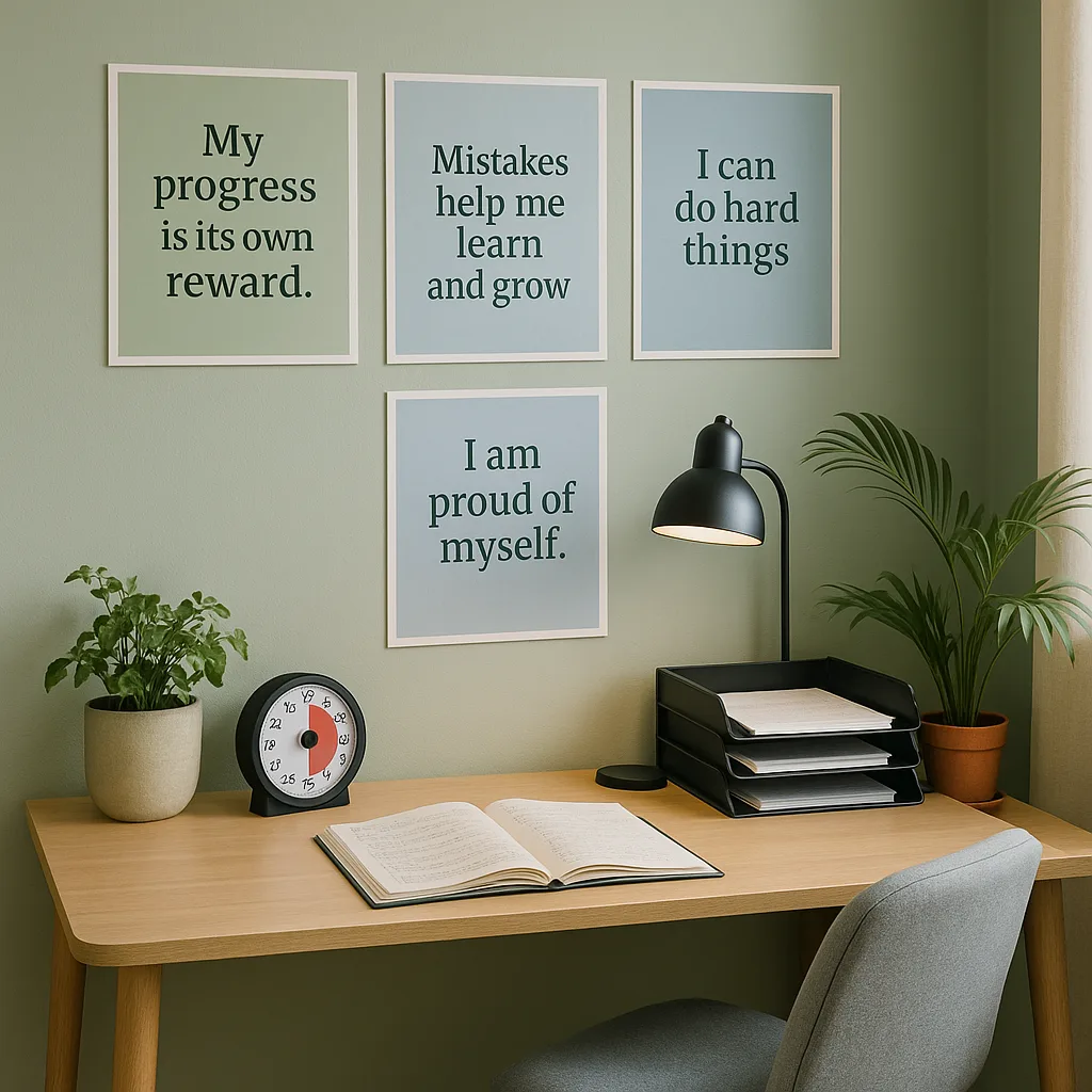 A serene, organized teacher's marking station calming sage green and soft blue wall posters mindfulness affirmations, an ergonomic desk setup proper lighting, a visual timer display, and plants.