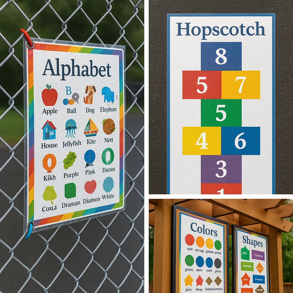 A close-up photograph of weather-resistant mounting systems for outdoor posters. Show various mounting solutions including: grommeted posters on a chain-link fence using colorful zip ties, a