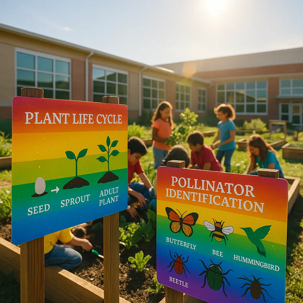 A vibrant, wide-angle photograph of a school garden learning station on a sunny day. In the foreground, colorful laminated educational posters about plant life cycles and pollinator identification