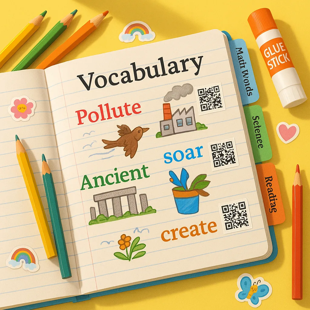 Design a close-up view of an open student vocabulary notebook using Merriweather font, personalized pages hand-drawn illustrations, vocabulary words written in colorful markers, and QR code Design a close-up view of an open student vocabulary notebook using Merriweather font, personalized pages hand-drawn illustrations, vocabulary words written in colorful markers, and QR code