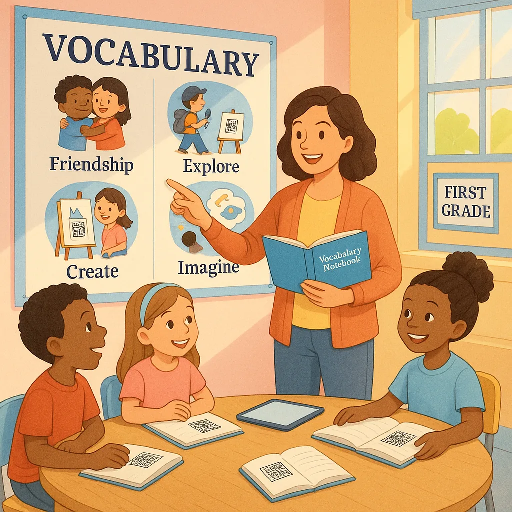 A bright, cheerful classroom scene using Merriweather font a first-grade teacher and students working together at a round table. The teacher holds a colorful vocabulary notebook while pointing to