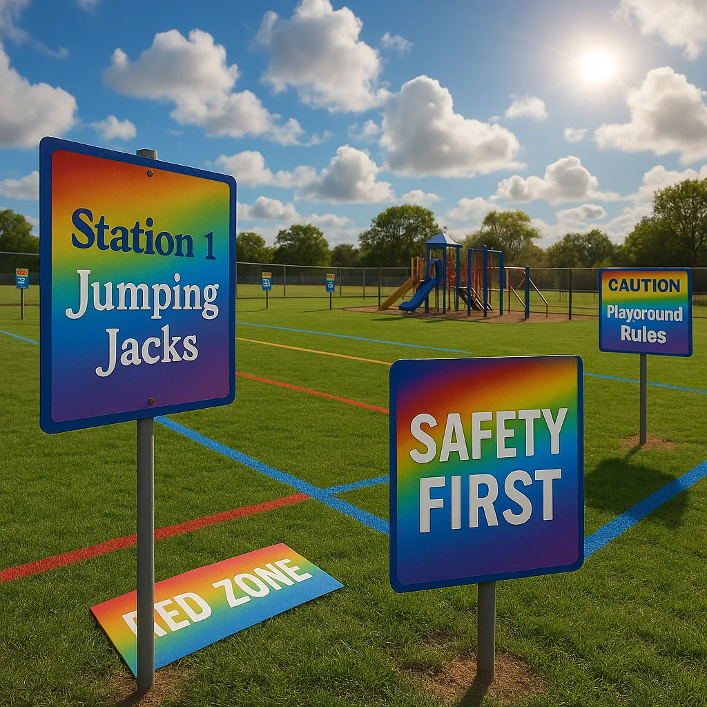 A outdoor physical education scene weather-resistant posters and banners in action - exercise station markers on posts around a field, colorful boundary lines marked laminated signs, safety