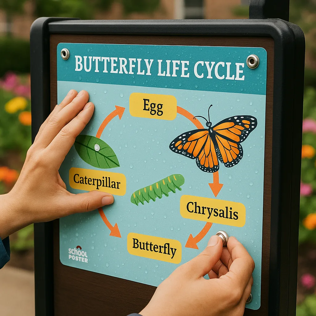 A close-up shot of hands installing a weather-resistant educational poster on an outdoor display board. The poster shows a beautifully designed butterfly lifecycle diagram colors and the Google