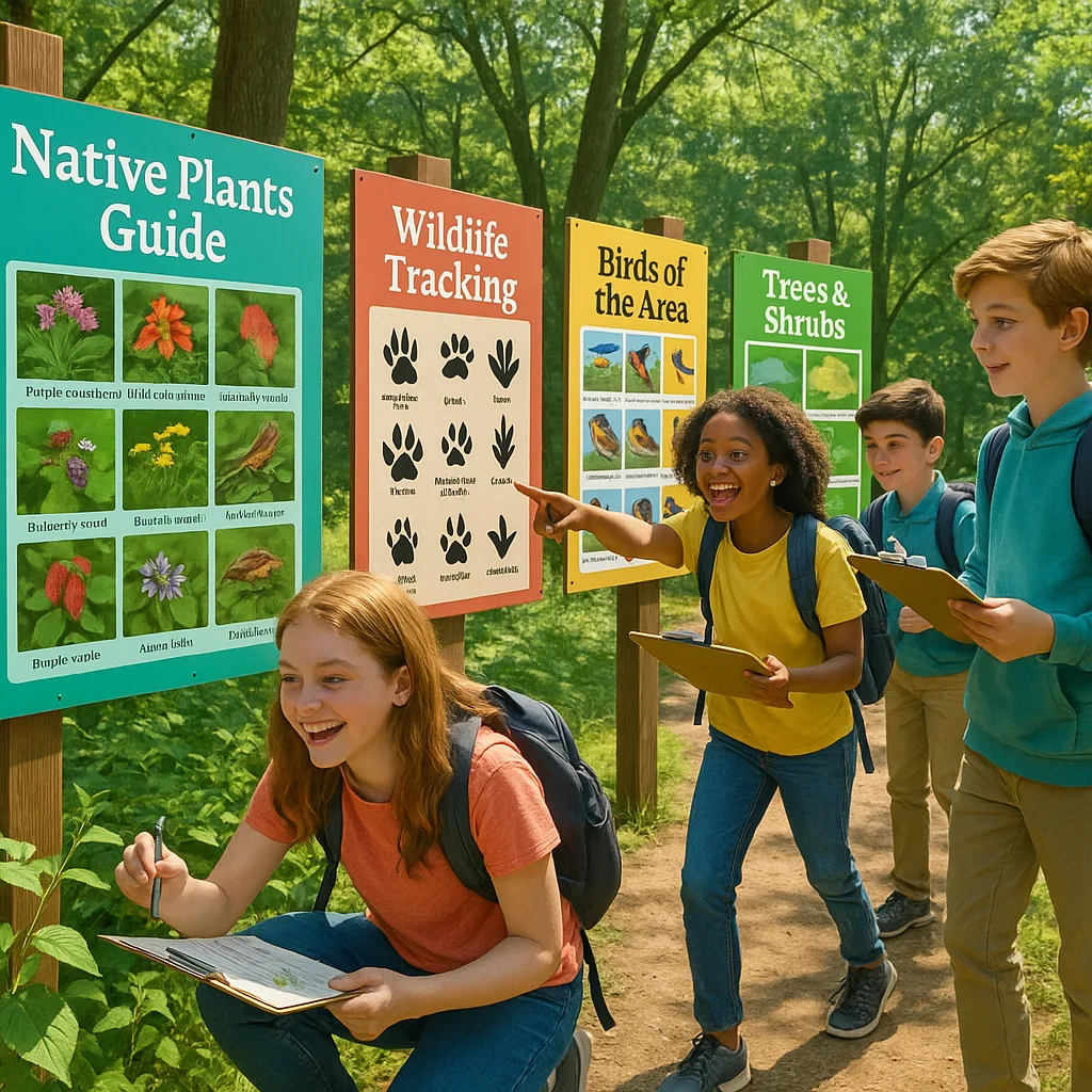 A outdoor classroom scene weather-resistant educational posters mounted on wooden posts around a nature trail. Middle school students are actively engaged in a scavenger hunt, holding clipboards
