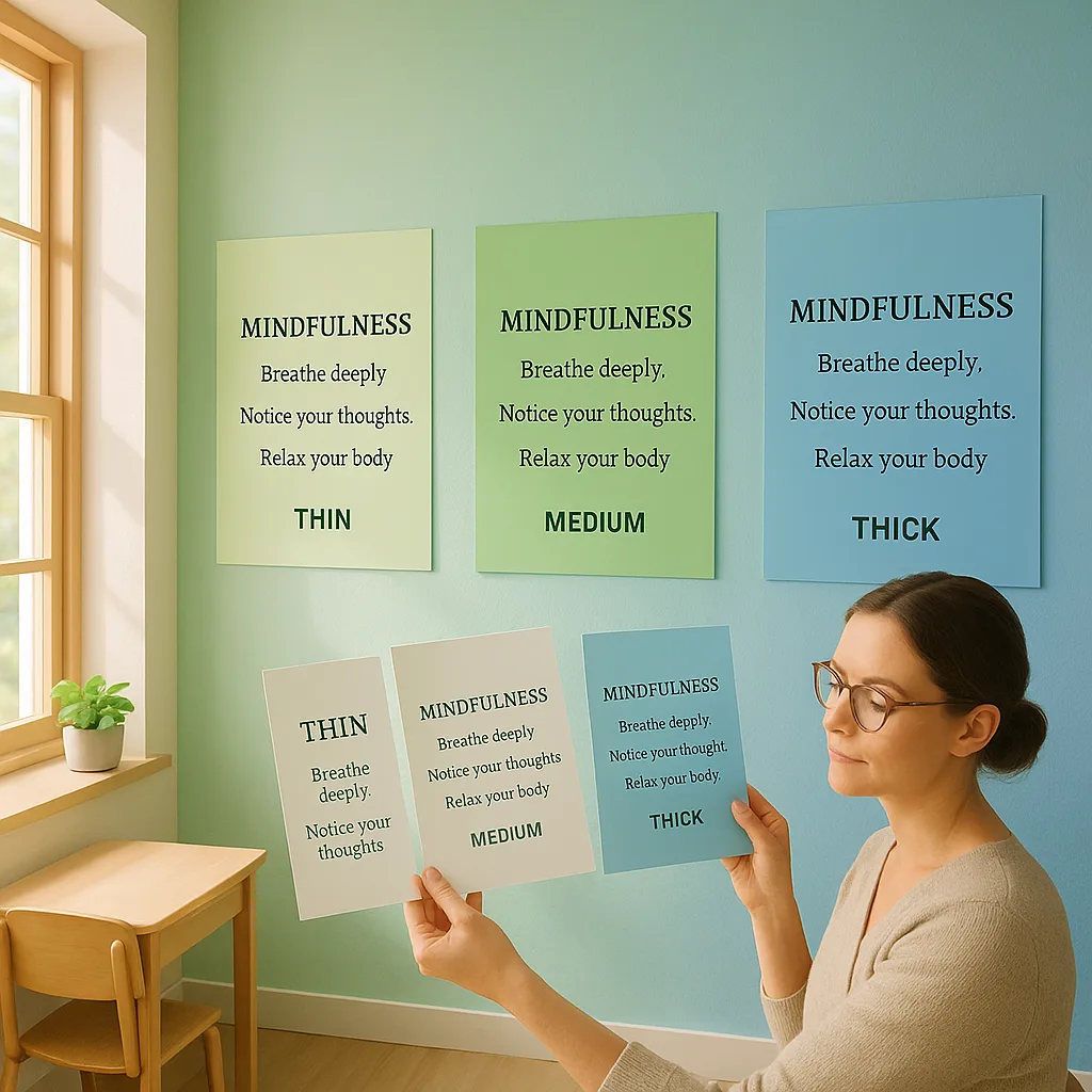 A bright, calming educational setting various poster weights displayed on soft green and blue gradient walls. Feature a serene classroom corner mindfulness posters on different paper weights (thin