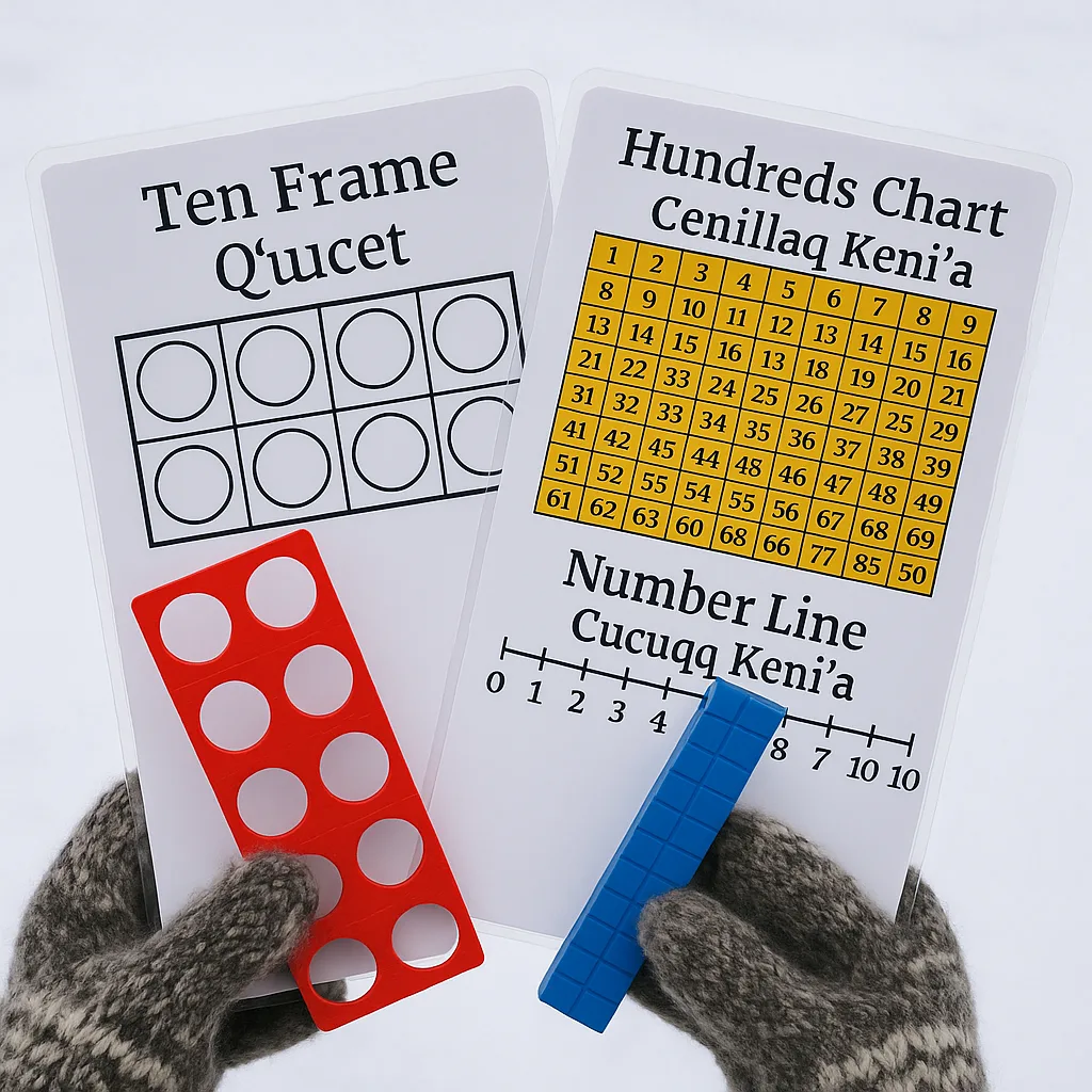 Close-up photograph of laminated, weather-resistant educational posters being used outdoors in Alaska winter conditions. Show hands (wearing mittens) holding large, colorful math manipulatives or Close-up photograph of laminated, weather-resistant educational posters being used outdoors in Alaska winter conditions. Show hands (wearing mittens) holding large, colorful math manipulatives or