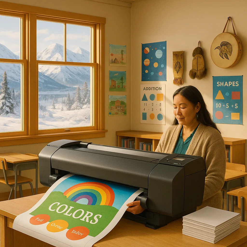 A warm, inviting classroom scene in a small Alaska school a teacher using a large format poster printer to create colorful educational materials. Outside the window, show a snowy landscape