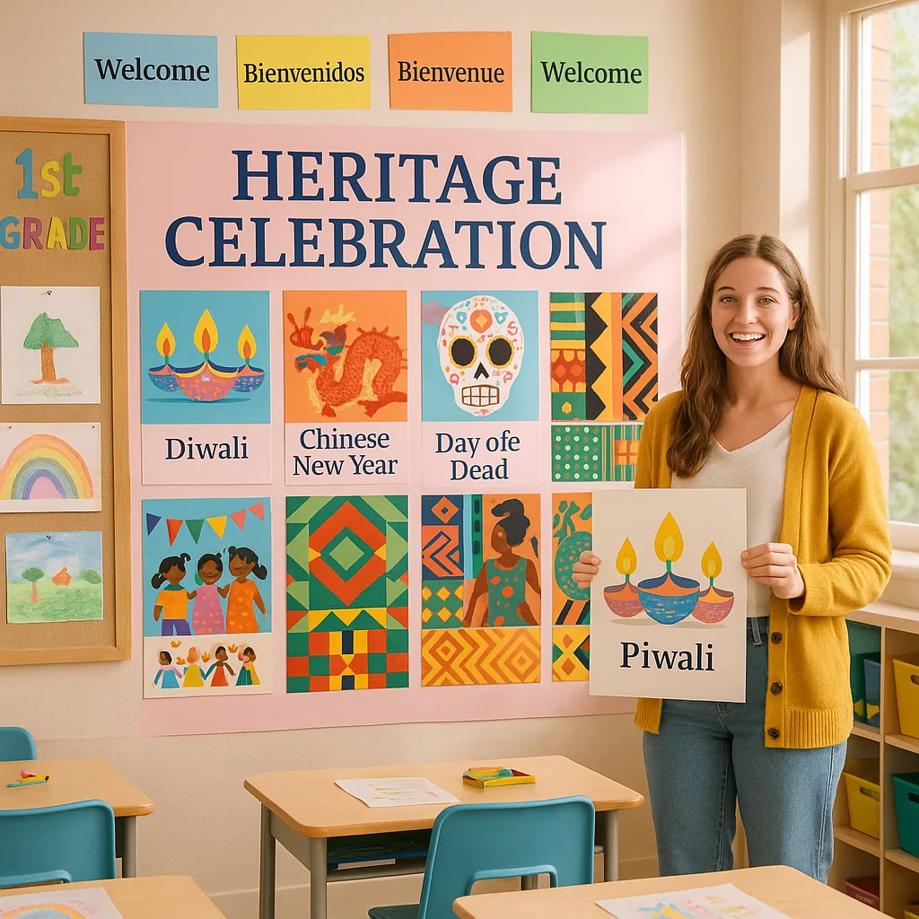 A bright, cheerful first-grade classroom a large heritage celebration wall displaying colorful multicultural posters. The wall features various cultural celebrations Diwali lamps, Chinese New Year