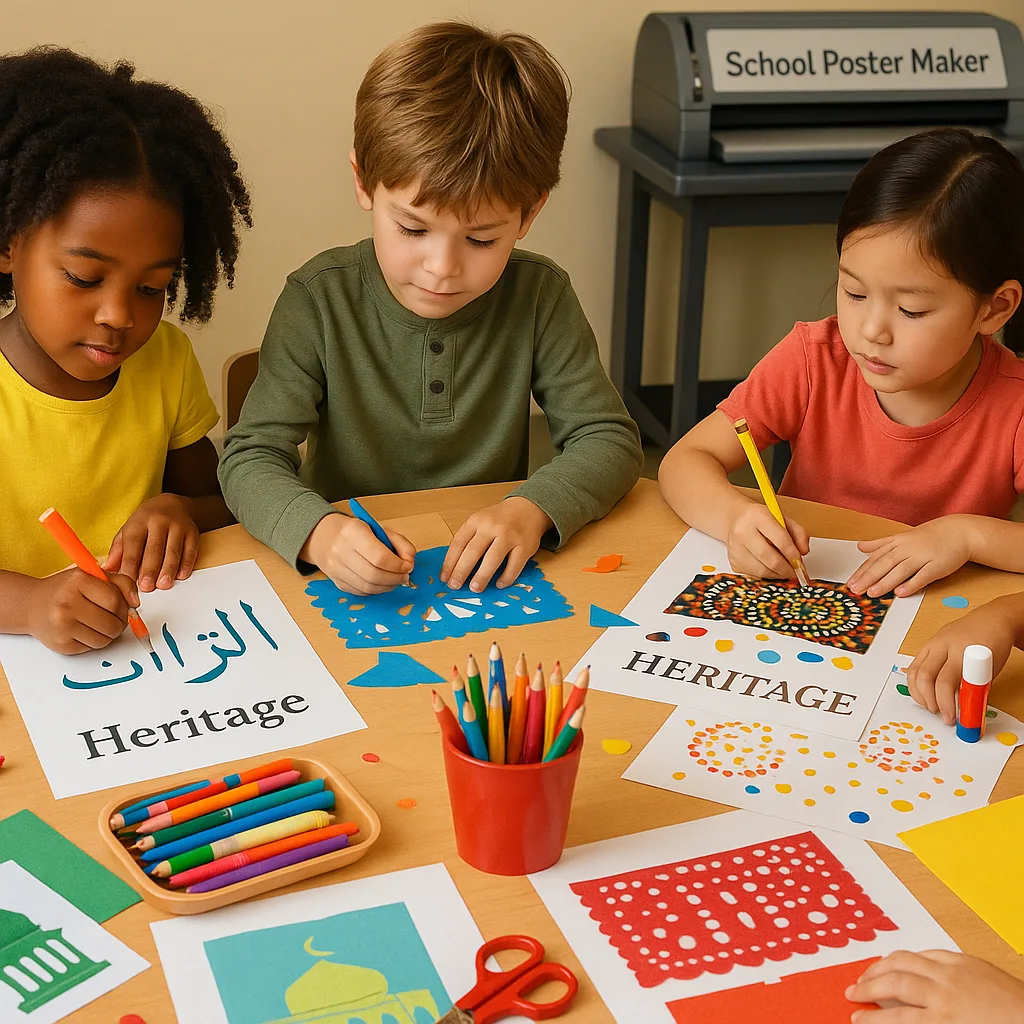 A close-up view of diverse elementary students (ages 6-7) working together around a table creating heritage posters. Various art supplies, cultural symbols, and printed reference materials are A close-up view of diverse elementary students (ages 6-7) working together around a table creating heritage posters. Various art supplies, cultural symbols, and printed reference materials are