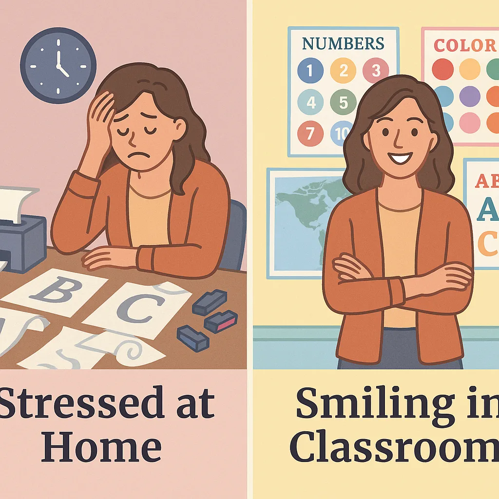 A bright, cheerful split-screen image using Merriweather font. Left side shows a stressed teacher at home surrounded by scattered papers, empty ink cartridges, and a small desktop printer curled