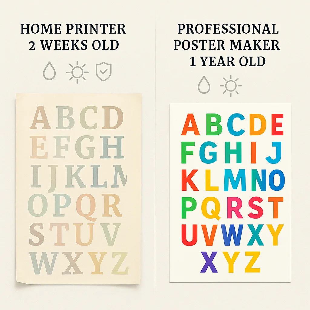 Design a comparison chart using Merriweather font poster quality differences. Display two alphabet posters side by side – left shows faded, curled edges visible pixelation labeled “Home Printer – Design a comparison chart using Merriweather font poster quality differences. Display two alphabet posters side by side - left shows faded, curled edges visible pixelation labeled "Home Printer -
