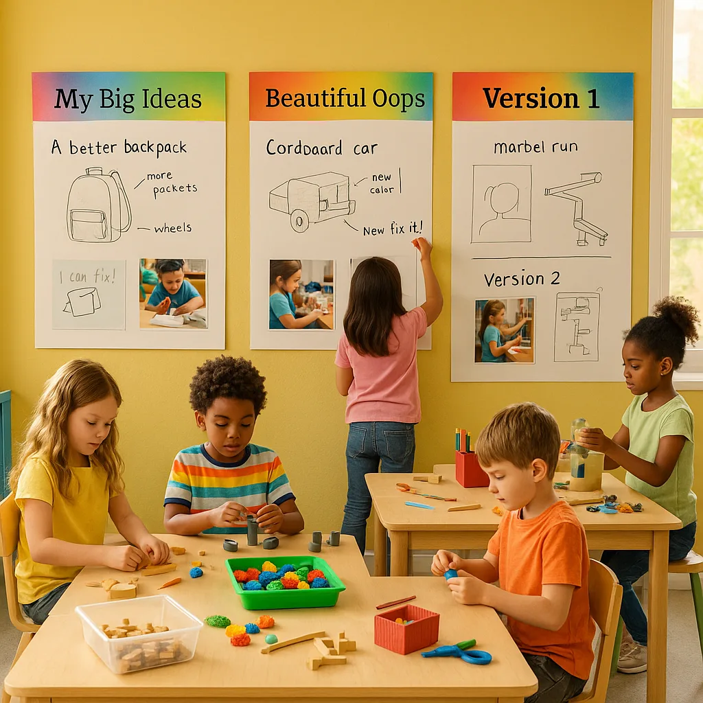 A bright, energetic first-grade classroom maker space colorful wall-mounted poster journals. The scene shows oversized poster pages (36" x 24") displaying student invention processes hand-drawn