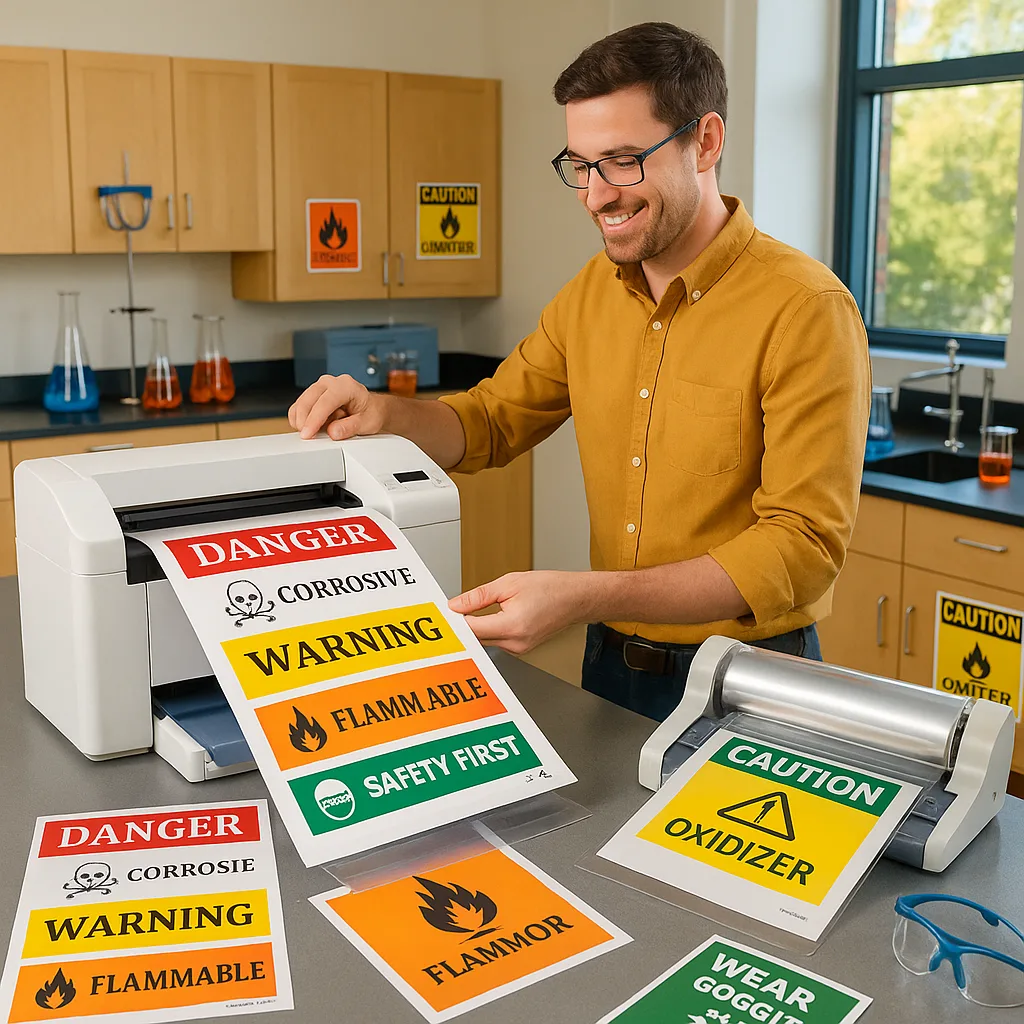 A bright, engaging photograph in a science classroom a teacher using a poster printer to create colorful safety labels. The scene includes the teacher at a white poster printer machine printing