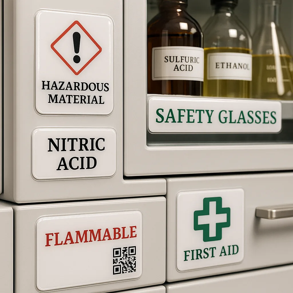 Design a close-up photograph of a well-organized science lab storage area professionally laminated labels on chemical cabinets, drawers, and shelves. Show various label types: hazard warnings in Design a close-up photograph of a well-organized science lab storage area professionally laminated labels on chemical cabinets, drawers, and shelves. Show various label types: hazard warnings in