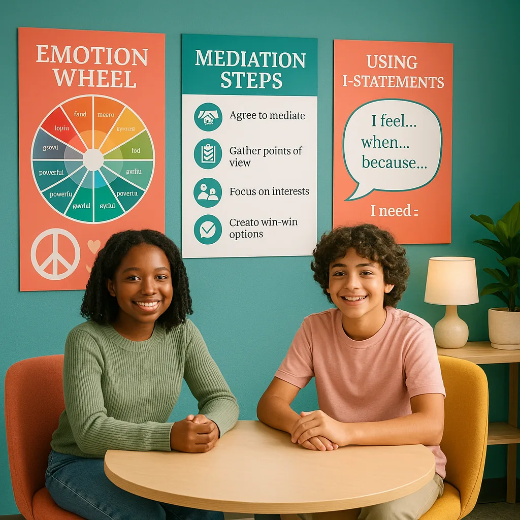 A vibrant, middle school mediation station setup colorful poster displays on teal-painted walls. The scene shows two student mediators (diverse 12-13 year olds) sitting at a round table conflict