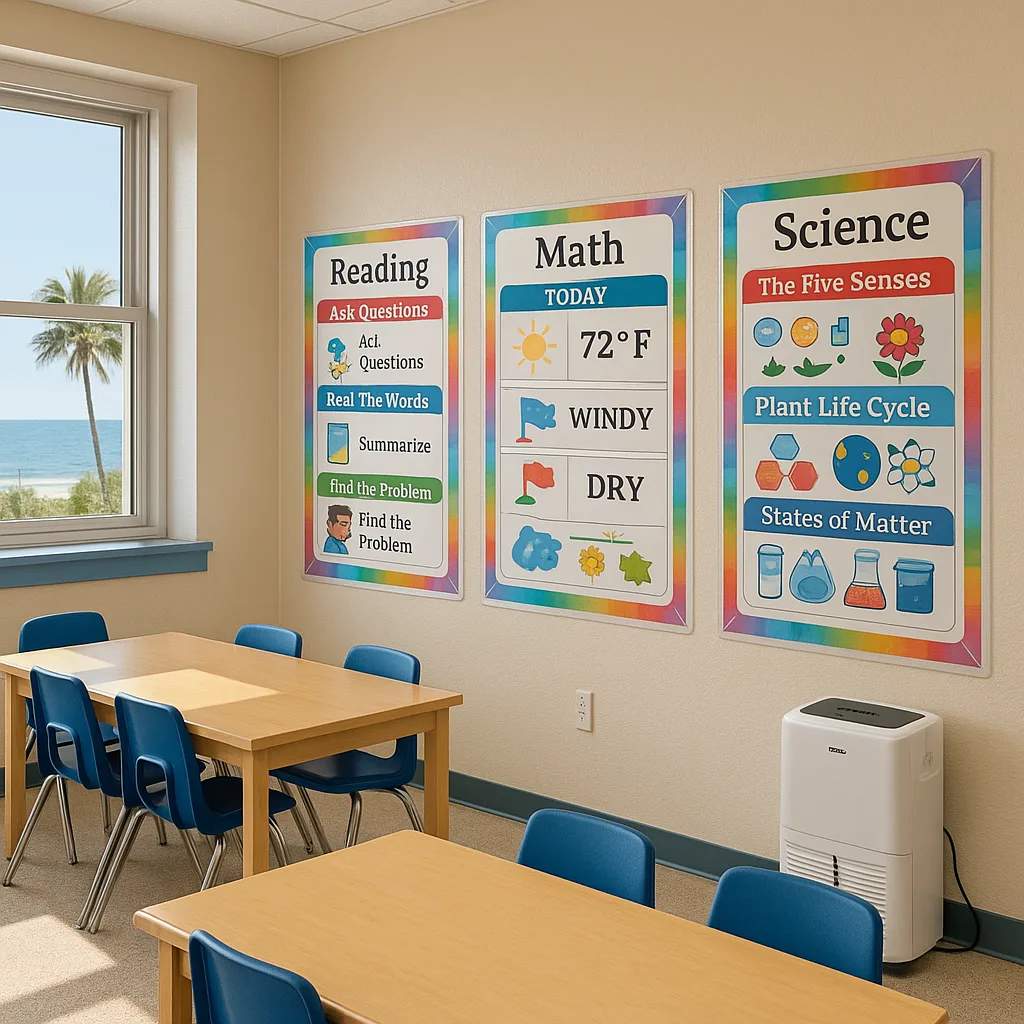 Interior of a coastal elementary school classroom showcasing properly protected poster displays. Multiple colorful educational posters line the walls, each visible lamination creating a protective