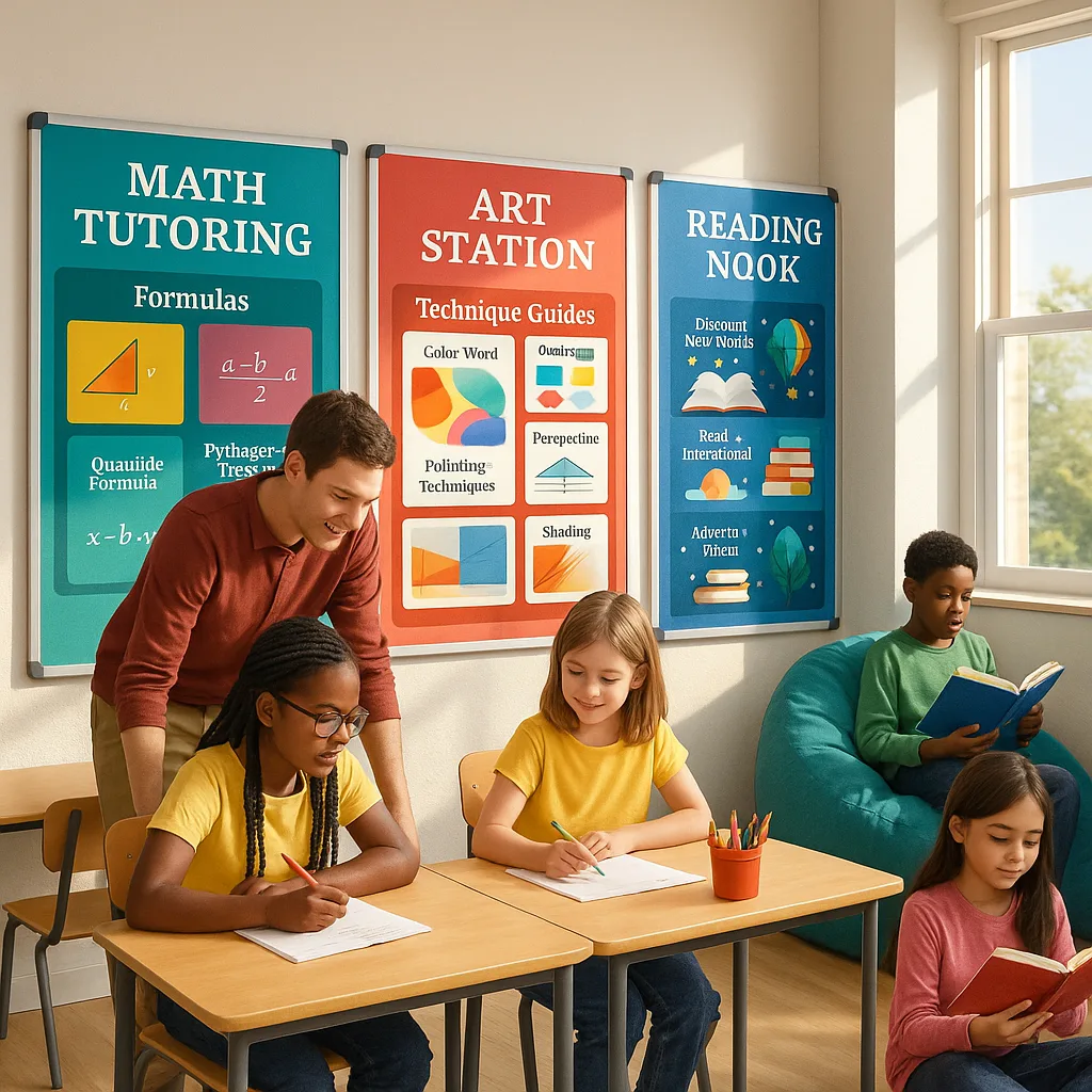 A bright, after-school classroom colorful modular poster displays on magnetic boards. Show different activity zones clearly marked posters - a math tutoring corner formula charts, an art station