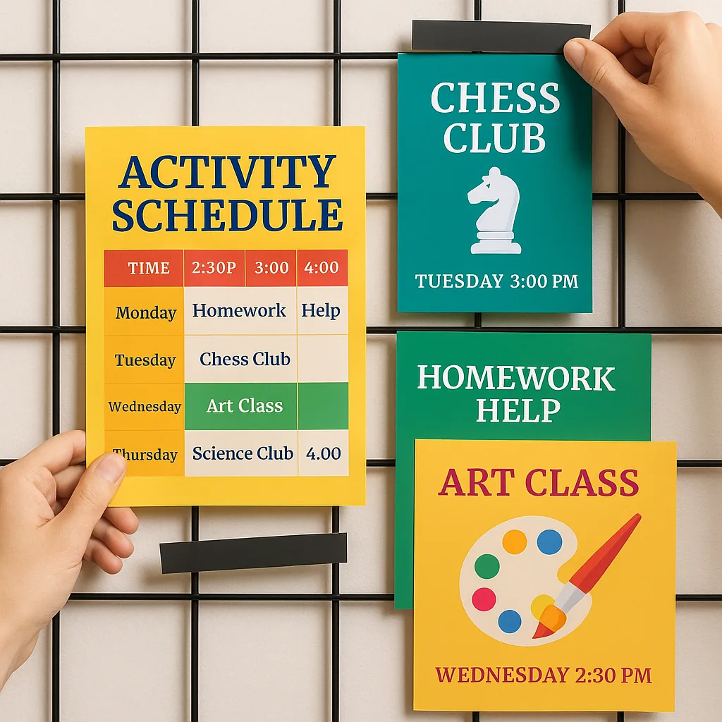 Close-up view of hands arranging magnetic-backed posters on a wall grid system. Show colorful activity schedule posters, club announcement boards, and educational content being positioned. Include Close-up view of hands arranging magnetic-backed posters on a wall grid system. Show colorful activity schedule posters, club announcement boards, and educational content being positioned. Include