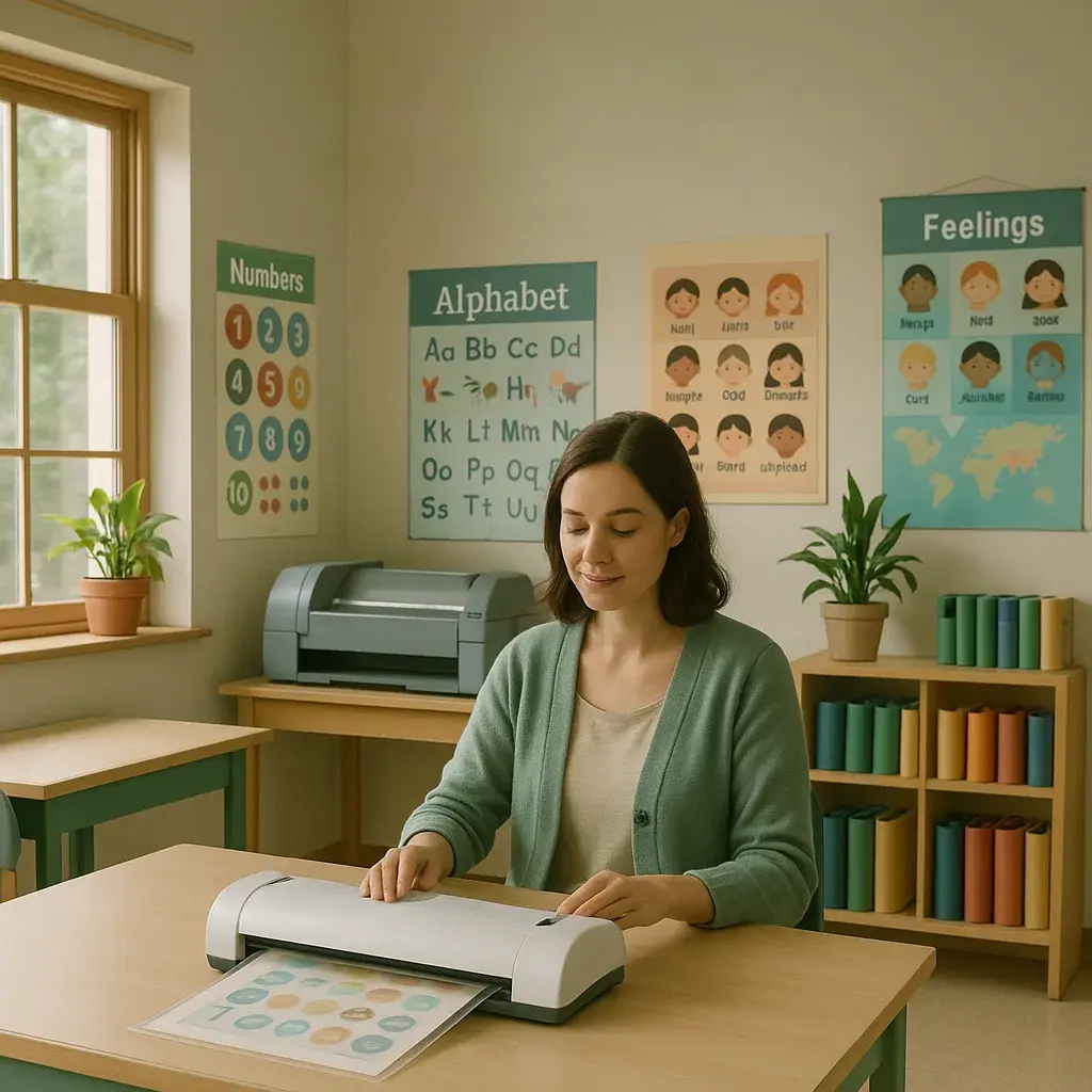 A serene classroom scene a teacher calmly working at a laminating station, surrounded by colorful educational posters.