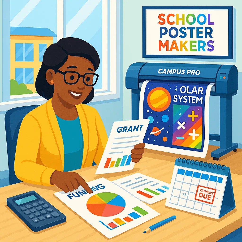 A bright, office scene a school administrator at a desk reviewing colorful financial charts and grant documents. In the background, show a Campus Pro poster maker producing educational posters.