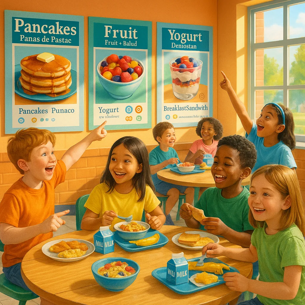A vibrant, cheerful elementary school cafeteria scene during breakfast time. Show diverse students ages 6-11 happily eating breakfast at round tables. In the background, display large, colorful