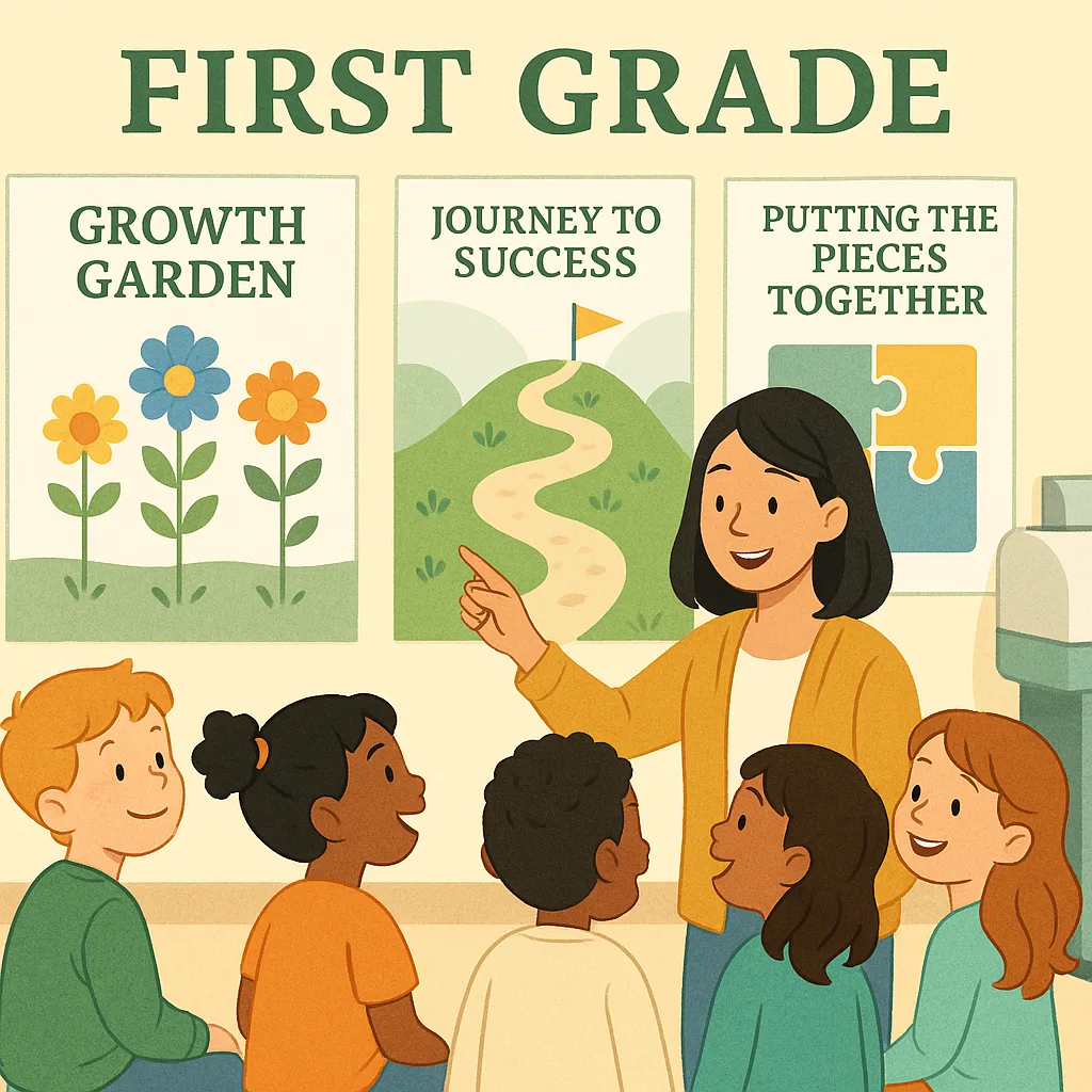 A bright, cheerful classroom scene using Merriweather font for any text. Show a diverse group of first-grade students (ages 6-7) gathered around colorful progress charts on the wall. The charts