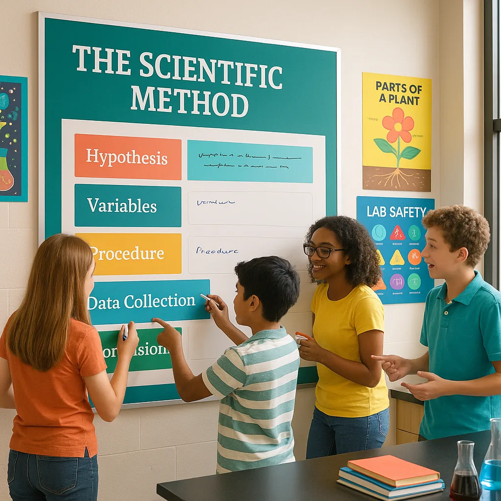 A bright, energetic classroom scene middle school students collaborating around a large wall-mounted scientific method poster. The poster should be at least 36x48 inches clearly visible sections