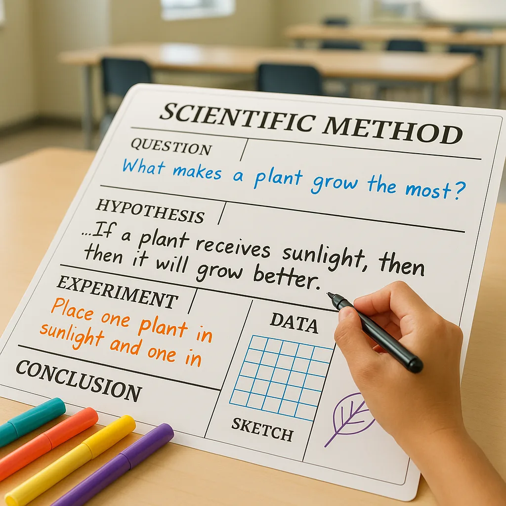Close-up photograph of a student’s hand writing a hypothesis on a large laminated poster board. The poster should show a scientific method template sections clearly labeled in Merriweather font. Interactive science method poster in classroom
