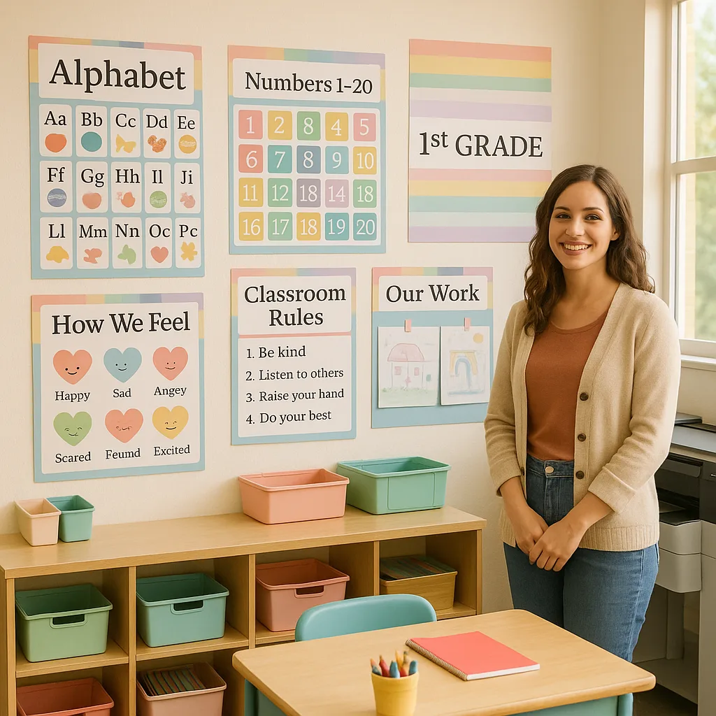 A bright, cheerful classroom scene a young female teacher (late 20s, warm smile, casual attire) standing next to a colorful wall display of educational posters. The scene should show various