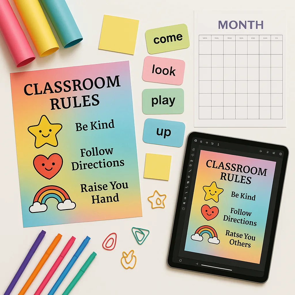 Design a flat-lay composition of poster-making supplies arranged on a white desktop. Include printed posters “Classroom Rules” cute illustrations, sight word cards, a monthly calendar, colorful Design a flat-lay composition of poster-making supplies arranged on a white desktop. Include printed posters "Classroom Rules" cute illustrations, sight word cards, a monthly calendar, colorful