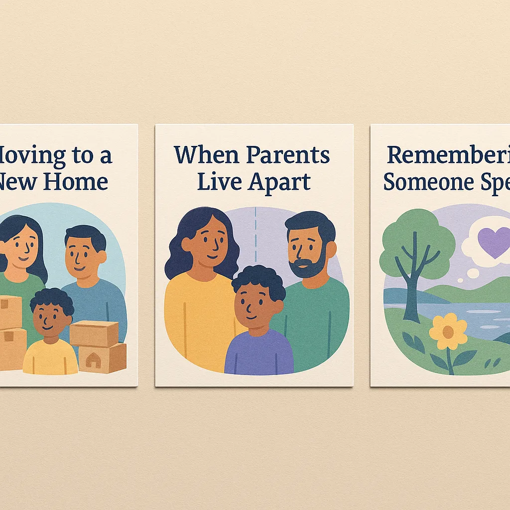 Design a bright, calming visual three panel examples of social stories displayed on a wall. First panel shows "Moving to a New Home" cheerful illustrations of packing boxes and a happy family.