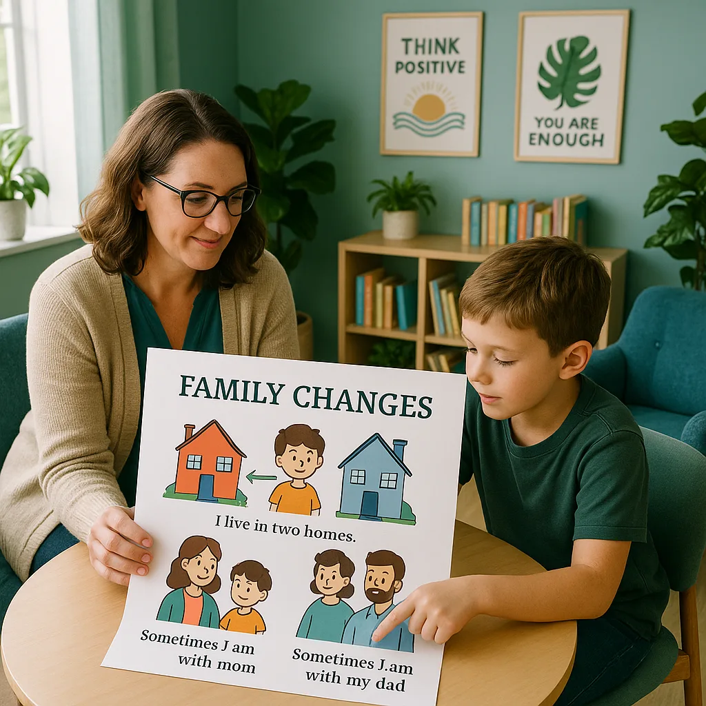 A serene, photograph a school counselor and young student (age 8-10) sitting together at a round table, looking at a large visual social story poster about family changes. The poster should show