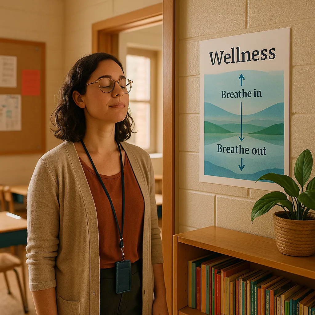 A warm, inviting classroom corner a female teacher in her 30s taking a brief mindful moment. She's standing near a doorway soft natural light, looking at a beautiful nature-themed wellness poster