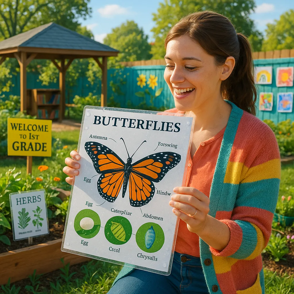 A bright, cheerful image a first-grade teacher (young woman brown hair in a ponytail, wearing a colorful cardigan) in an outdoor classroom setting. She's holding a laminated educational poster
