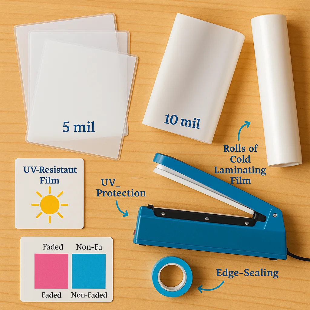 Design an informative flat-lay image showcasing different types of laminating films and materials. Display various thicknesses of laminating pouches (labeled 3 mil, 5 mil, 7 mil, 10 mil in Design an informative flat-lay image showcasing different types of laminating films and materials. Display various thicknesses of laminating pouches (labeled 3 mil, 5 mil, 7 mil, 10 mil in