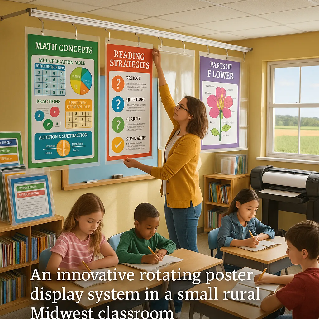 A bright, colorful classroom in a small rural Midwest school an innovative rotating poster display system. The image captures a teacher adjusting posters on a ceiling-mounted rail system while