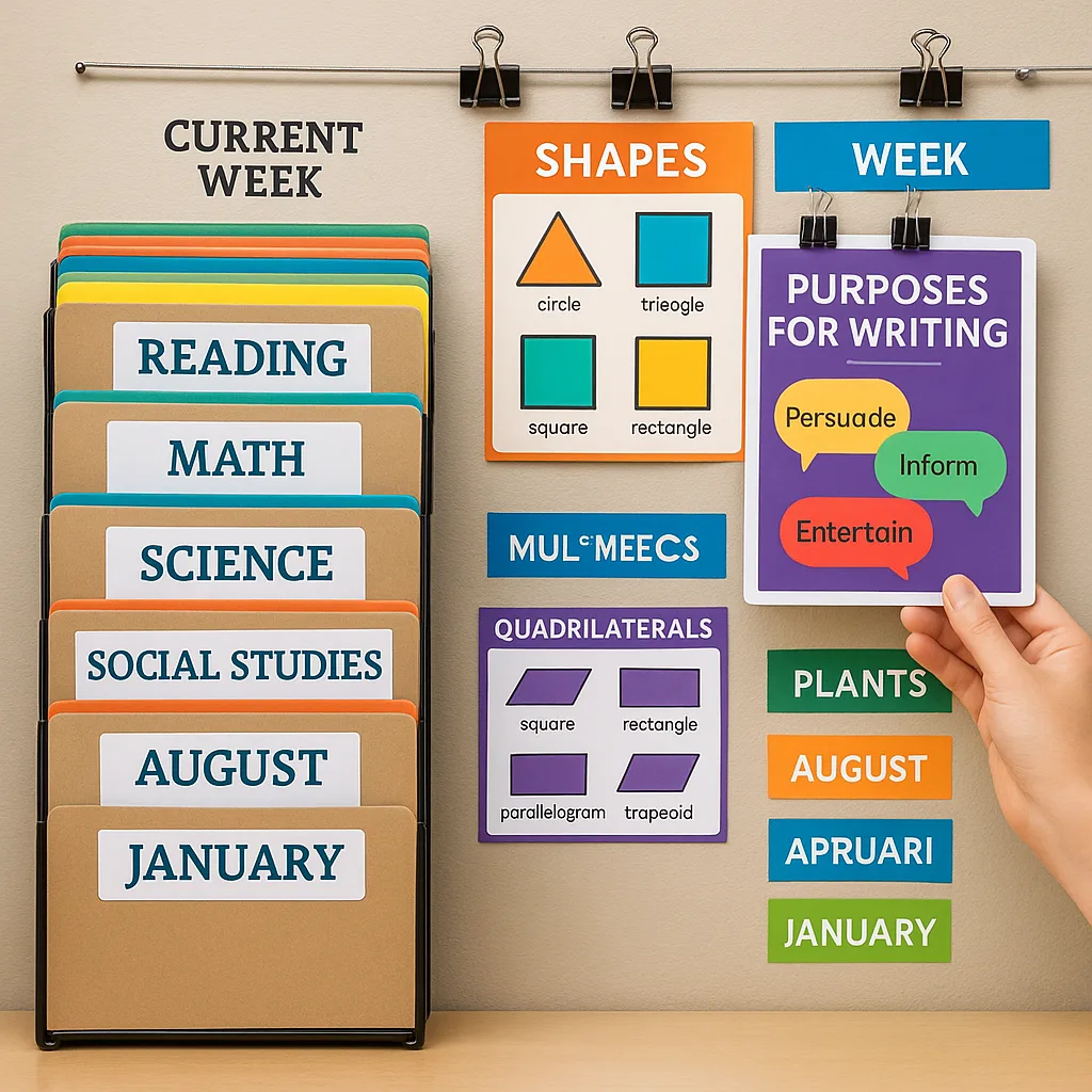 An organized close-up view of a DIY poster storage and rotation system in a small classroom. Show vertical file folders labeled by subject and month, colorful laminated posters partially visible.
