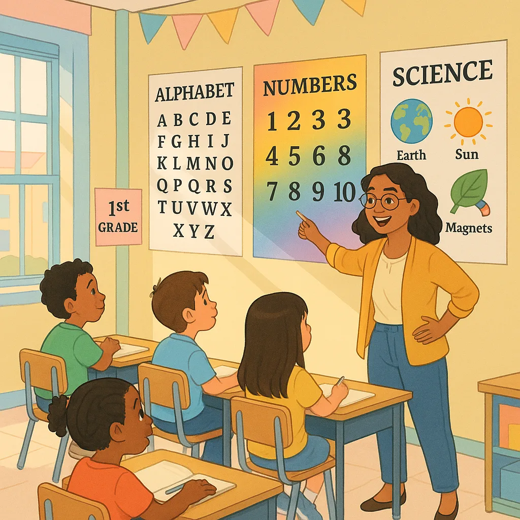 A bright, cheerful classroom scene using the Merriweather font for any text. Show a young female teacher (matching the persona description) pointing enthusiastically at colorful educational
