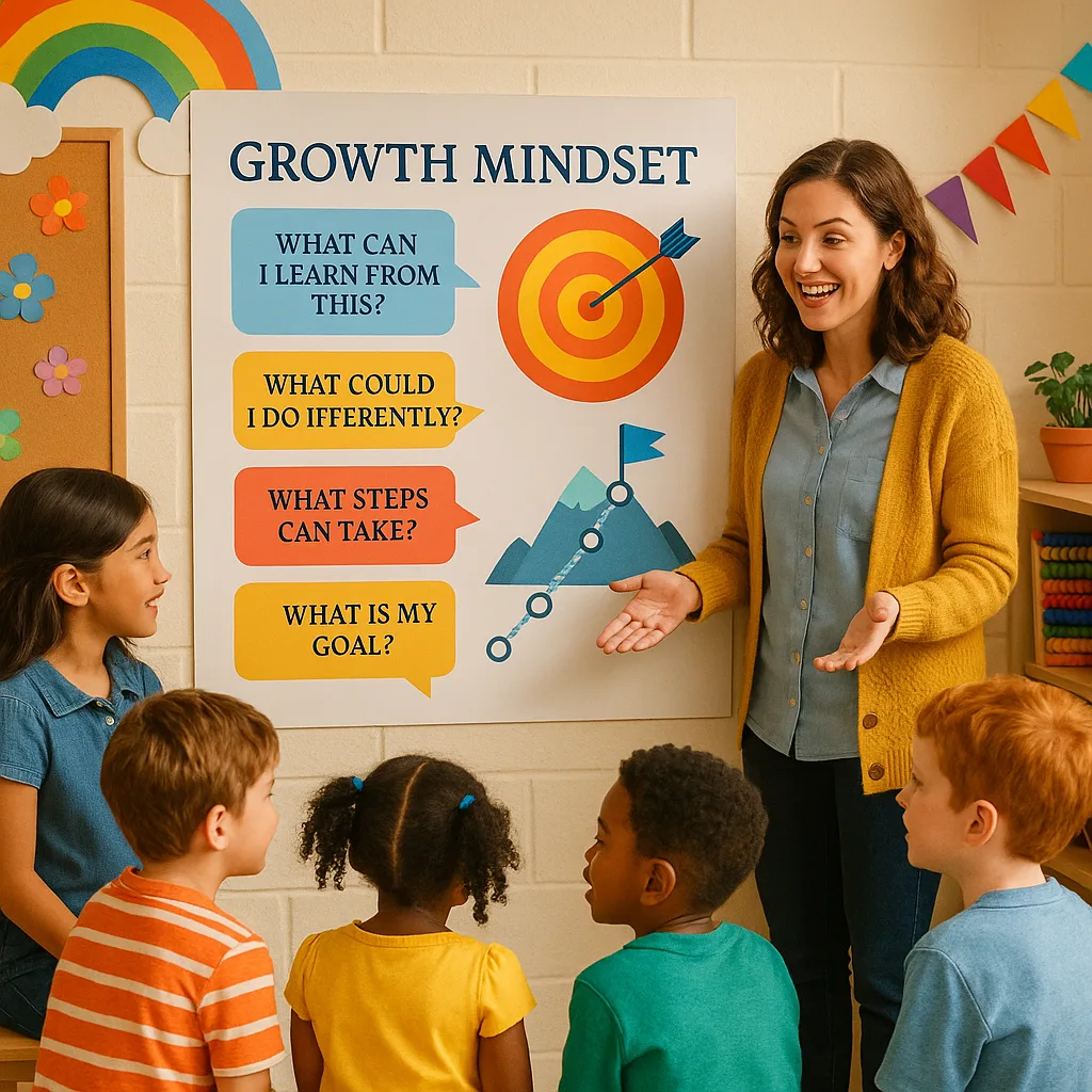 A bright, engaging classroom scene a teacher and diverse group of elementary students gathered around a colorful growth mindset poster display created a poster maker machine. The poster shows