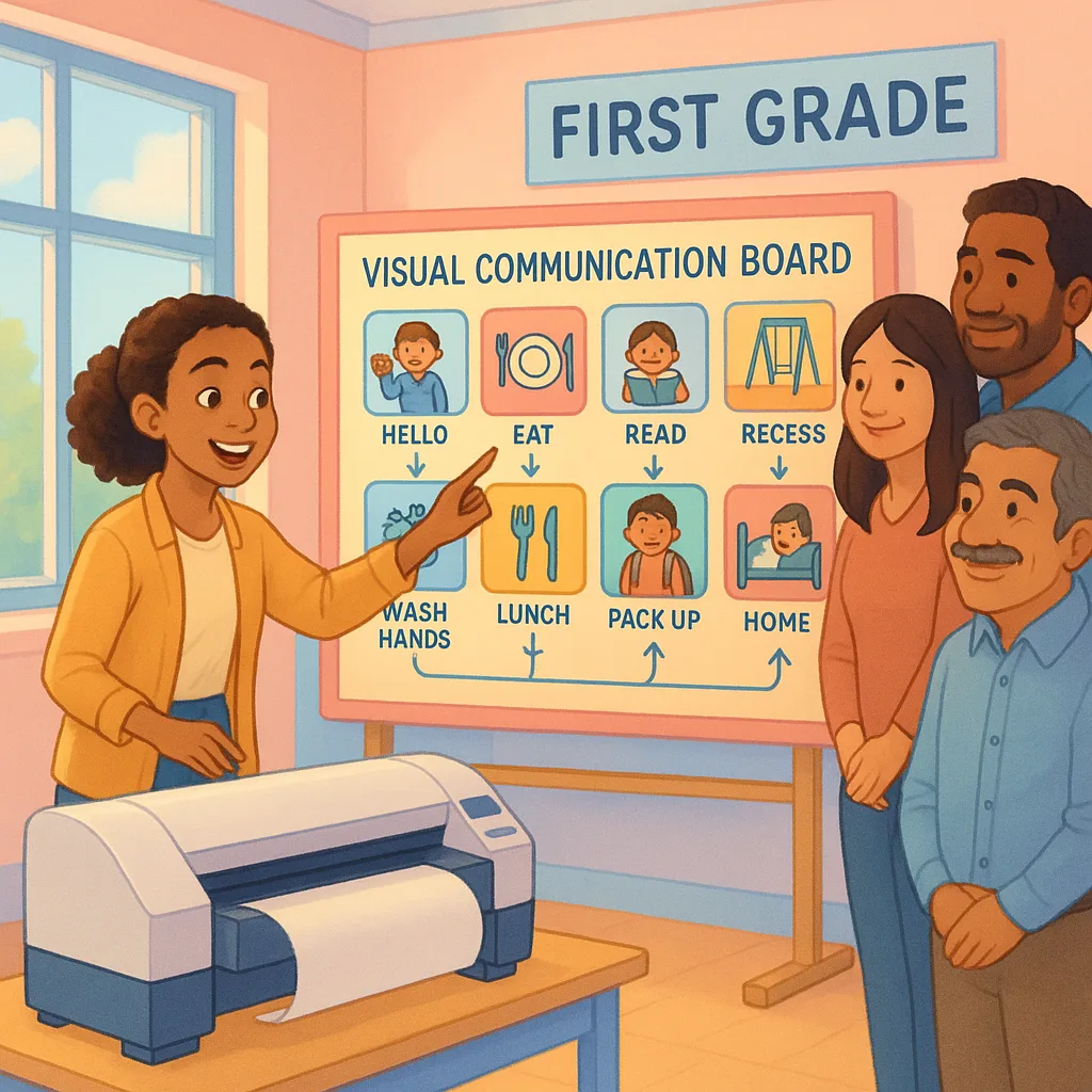 A bright, cheerful first-grade classroom scene a diverse teacher (young woman enthusiasm) pointing to a large, colorful visual communication board. The board displays pictographic instructions
