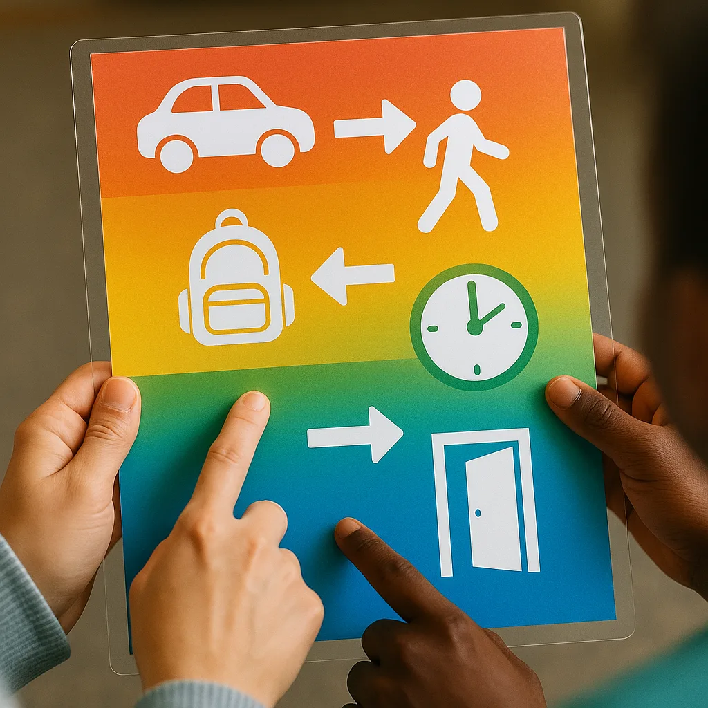 A close-up view of hands holding a visual guide poster school procedures through colorful icons and arrows. The poster uses a rainbow gradient background clear pictographic elements depicting A close-up view of hands holding a visual guide poster school procedures through colorful icons and arrows. The poster uses a rainbow gradient background clear pictographic elements depicting
