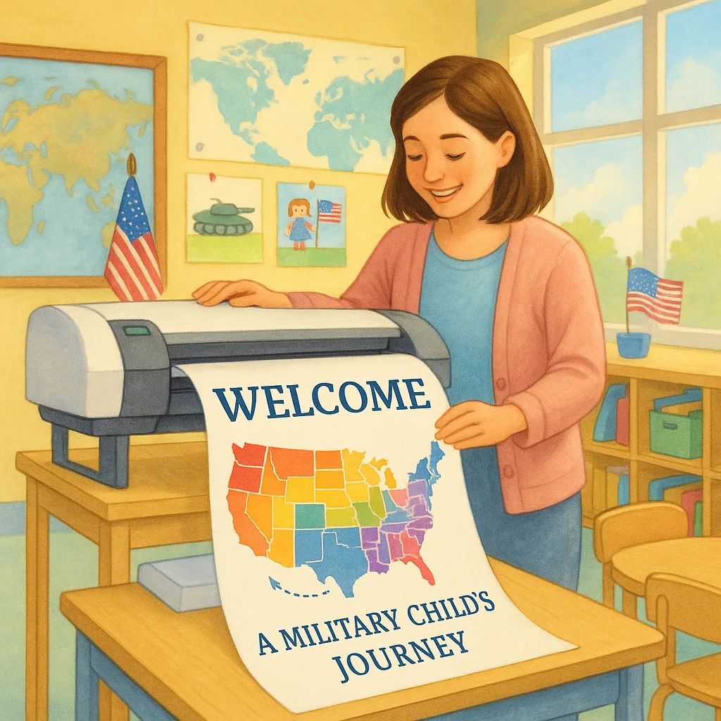A bright, cheerful classroom scene a first-grade teacher (young woman shoulder-length brown hair wearing a cardigan) using a white poster printer machine to create a colorful welcome poster. The