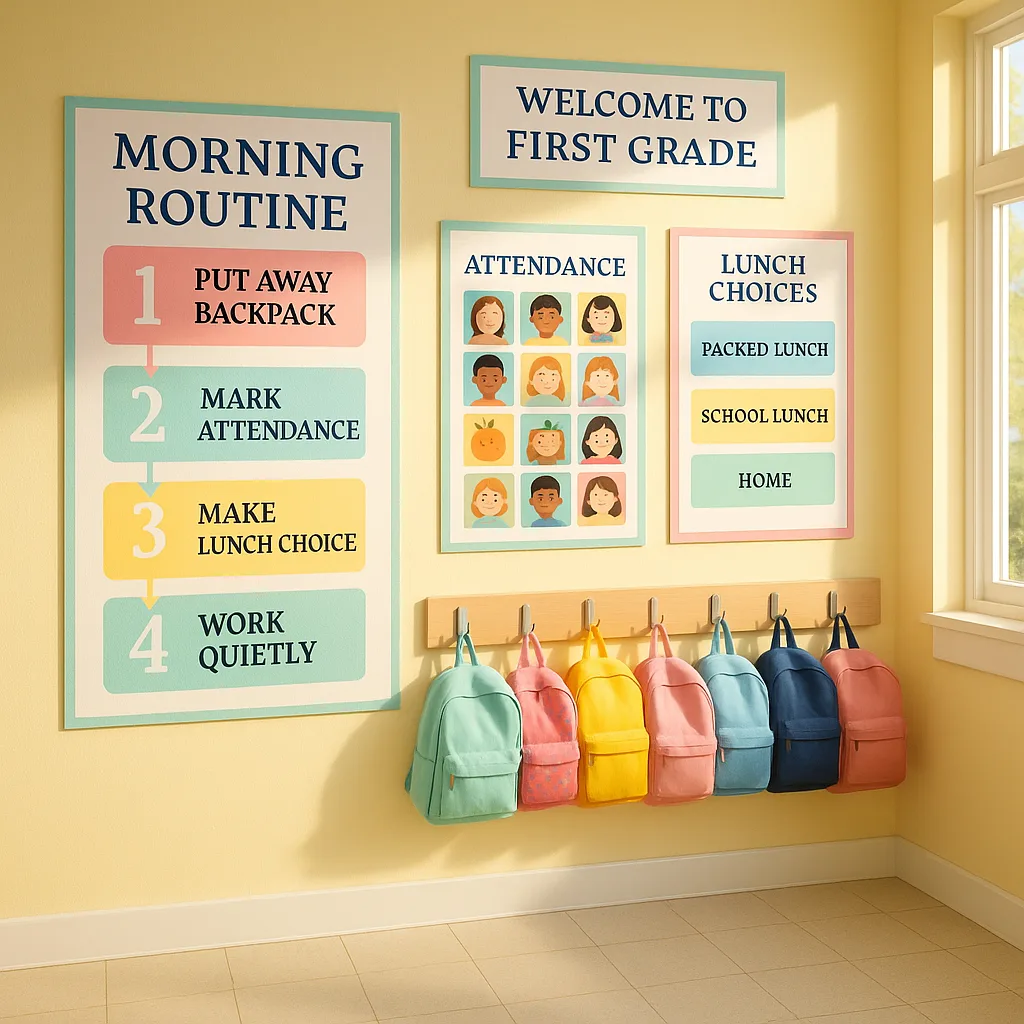 A bright, cheerful first-grade classroom entrance colorful morning routine posters on the walls, a large numbered flow chart, attendance board student photos, and a lunch choice display. The scene