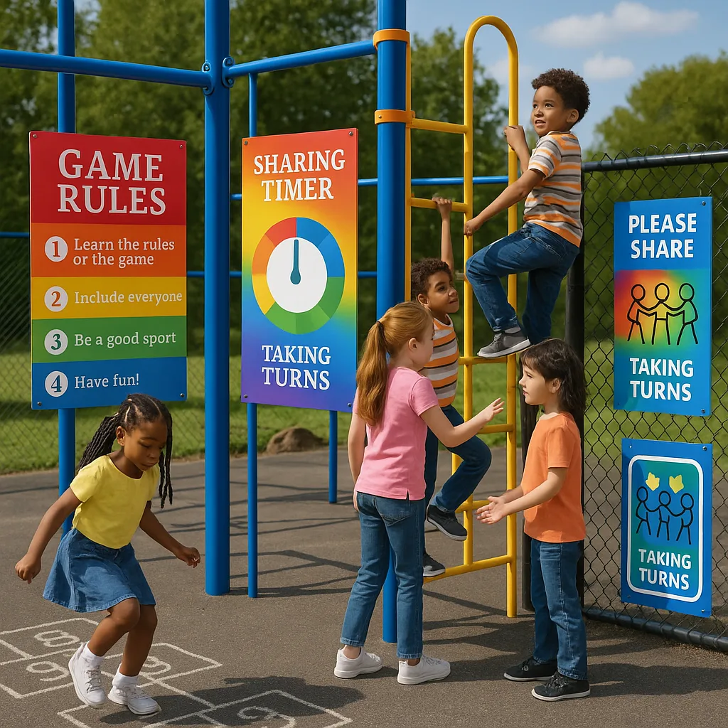 A outdoor playground scene colorful, weather-resistant posters mounted on fence posts and equipment stations. Include diverse elementary school children actively using visual rule guides while