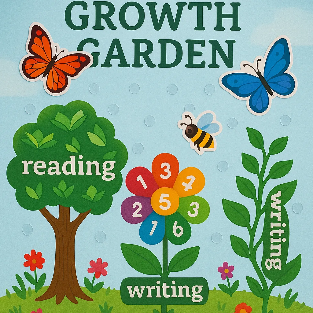 Design a close-up view of an individual student's "Growth Garden" poster created a poster maker machine. Show a whimsical garden scene the name "Sophia" at the top in playful Merriweather font.