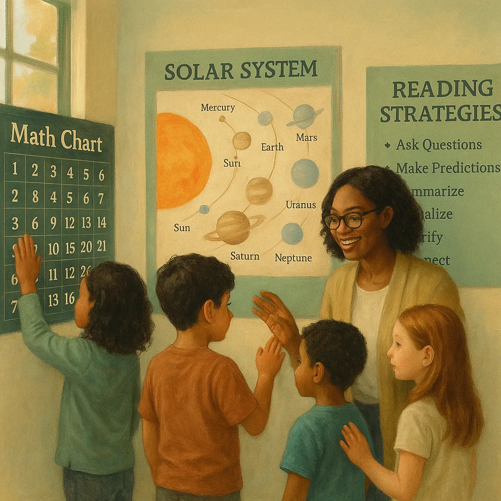 A warm, inviting classroom scene a teacher and diverse students interacting various textured posters on the walls. Show different materials like glossy math charts, canvas science diagrams, and