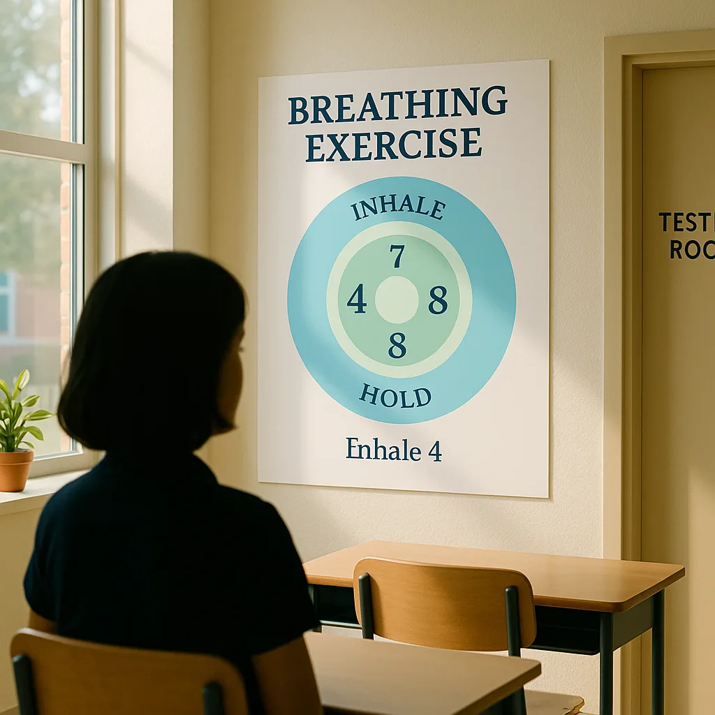 A serene classroom corner a large, professionally printed breathing exercise poster soft blue and green circular patterns guiding a 4-7-8 breathing technique. The poster is mounted at student eye